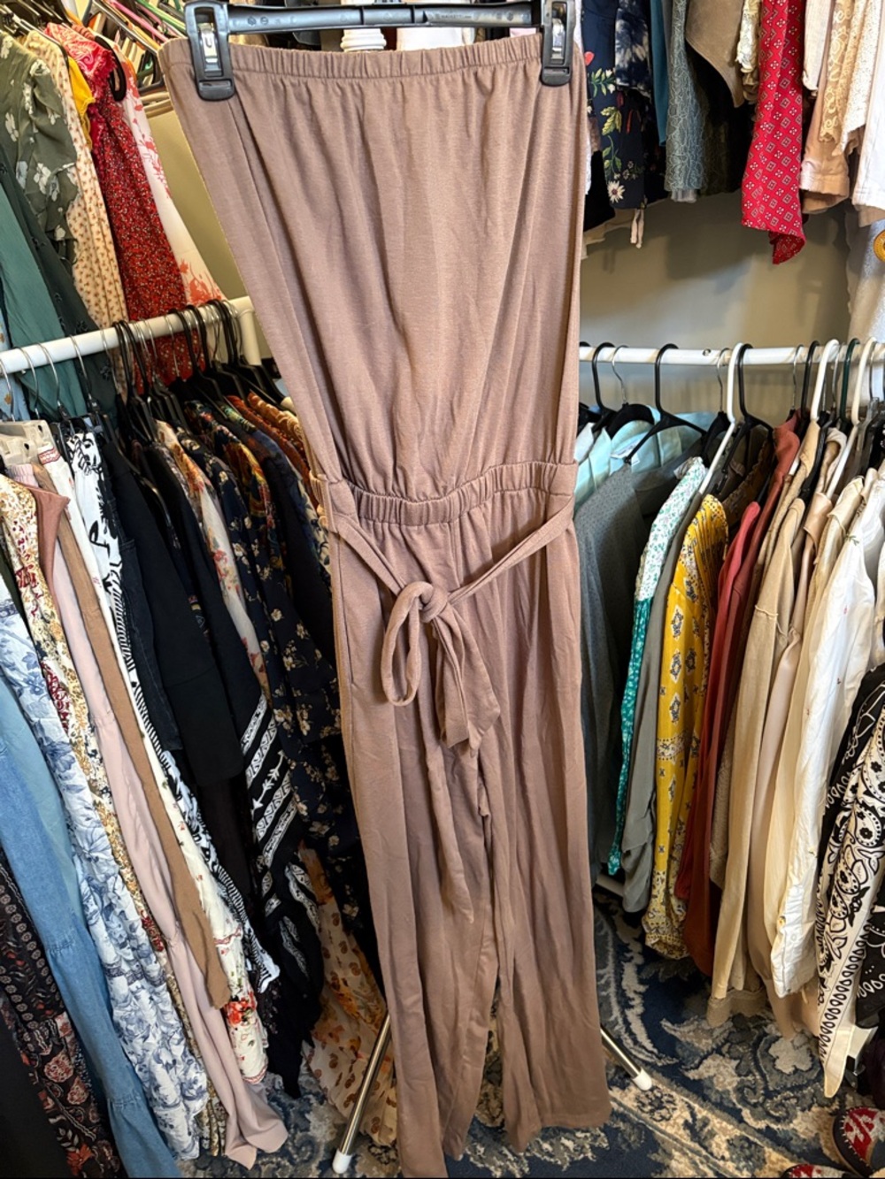 Women's Strapless Jumpsuit with Tie Belt - Taupe